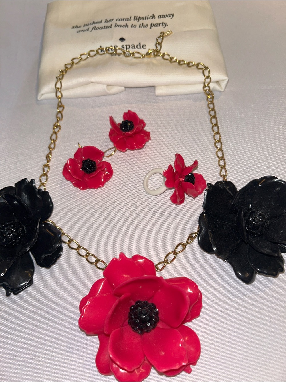 Kate Spade Hot Pink and Black Floral Statement SET Necklace, Earrings, Ring EUC